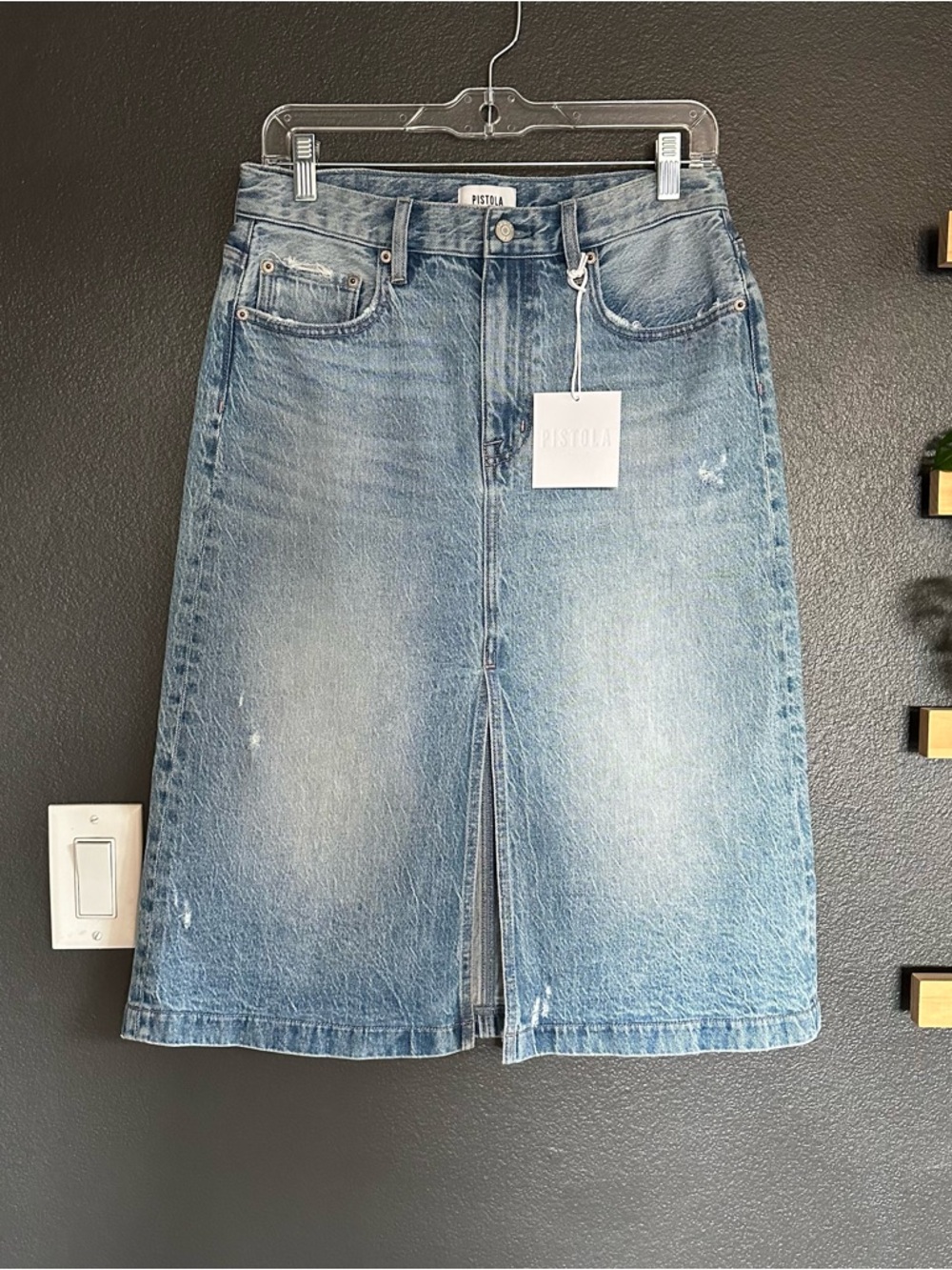 Pistola Distressed Denim Midi Skirt Front Slit Size 26 High Rise - Picture 2 of 7